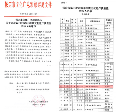 張劍鋒列入第七批保定市級非遺代表性傳承人名單
